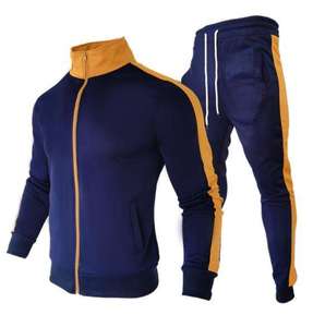 Ensemble de survêtement sportif pour homme, manches longues, blocs de couleur, col montant, fermeture éclair frontale, respirant, en polyester, pour l'automne - Product Image 1