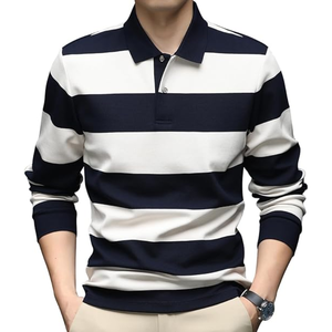 Chemise à manches longues rayée à col boutonné pour homme, respirante, lavée, avec logo personnalisé, 60% coton, 40% polyester - Product Image 1