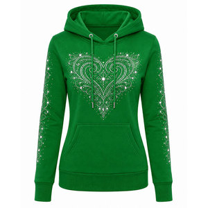 Women Green Rhinestone Hoodie <b>Sweatshirt</b> With <b>Heart</b> Design Sequined Front And Sleeve Decorations Regular Fit Autumn Wear - Product Image 1