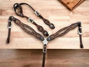 Ensemble de bridon et de harnais western en cuir fait main avec têtière et collier de haute qualité - Product Image 2