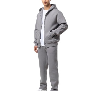 Survêtement gris à capuche pour homme, sweat-shirt à fermeture éclair intégrale avec poches latérales, vêtements décontractés pour l'automne, 100% coton, coupe classique, couleur unie - Product Image 1