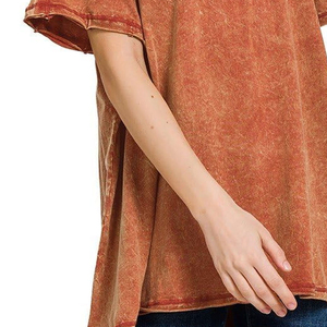 T-shirt oversize tie-dye à manches courtes pour femme, col rond décontracté, tricoté 100 % coton, couleur unie, longueur longue, style vintage - Product Image 4