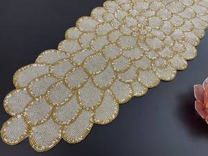 Luxury Embroidered <b>Table</b> <b>Runner</b> Floral Pattern <b>Gold</b> Beige Home Decor - Product Image 1