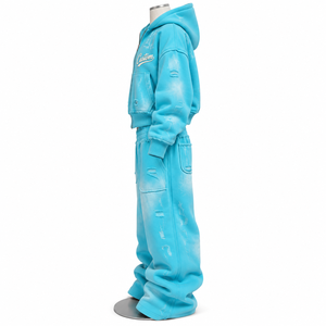 Nouvel ensemble unisexe hiver 2027 : sweat à capuche zippé et pantalon de survêtement en polaire délavée, coton turquoise vieilli, tie-dye respirant - Product Image 3
