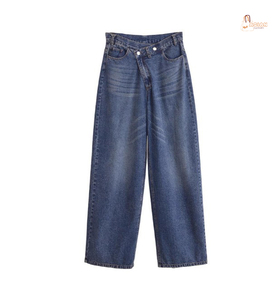 Jean en denim respirant pour femme, coupe droite, taille mi-haute, style décontracté d'été, double boutonnage, effet vieilli, écologique, délavé - Product Image 2