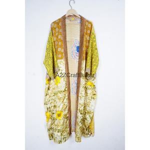 Elegant Patchwork 100% Pure Silk Women's Kimono Robe Boho Duster Jacket Beach Cover-Up V-neck Drawstring Closure Full Quick Dry - Product Image 6