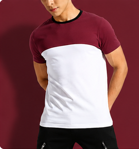 Men's Color Blocked Short Sleeve T-Shirt Slim Fit O-Neck Knitted Casual <b>White</b> and Burgundy Solid Design - Product Image 1