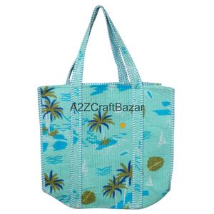 กระเป๋าโท้ทผ้าฝ้ายเย็บมือสำหรับผู้หญิง หูหิ้วยาว ลายพิมพ์บล็อกอินเดียแบบลายทาง เหมาะสำหรับใช้ไปทะเลและงานปาร์ตี้ - Product Image 4