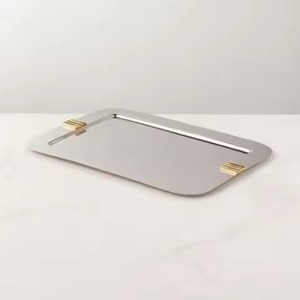 Plateau de service rectangulaire en acier inoxydable avec poignées dorées, design minimaliste, plateau en métal durable pour la vaisselle de fête - Product Image 1