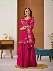 Ensemble Sharara Palazzo pour femme, entièrement cousu, en tissu Vichitra épais, avec haut orné de perles élégantes et de broderies, et dupatta brodée de sequins. - Product Image 2