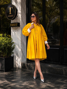 Vestido Camisero de Popelina de Algodón Tejido para Mujer, con Mangas Abullonadas, Logotipo Frontal, Diseño Plisado, Estilo Casual, Holgado, para Primavera/Verano - Product Image 3