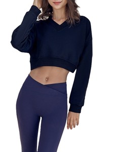 <b>Women's</b> <b>V</b>-<b>Neck</b> Crop <b>Sweatshirt</b> Long Sleeve Solid Color Canvas Nonwoven Quick Dry Breathable Winter Wear 100% Cotton Lined - Product Image 2