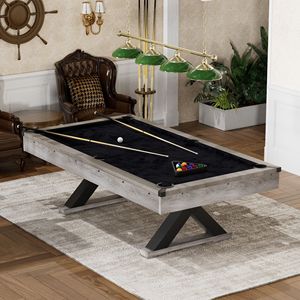 Rustic Grey 84.1\"L X 46.5\"W X 32\" Pool Table Billiard Balls Cues X Legs Black Cloth Pool Cue <b>Chalk</b> Cleaning Brush 46.5\"W X - Product Image 2