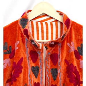 Hand Embroidered <b>Velvet</b> <b>Jacket</b> <b>Women</b> Floral Stripe Pattern O-Neck Full Sleeve Bohemian Style Spring Wear Gift Her - Product Image 4