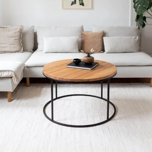 Mesa de Centro Redonda de Estilo Industrial Moderno con Acabado Rústico Envejecido y Marco de Hierro Ajustable, Muebles para Sala de Estar - Product Image 1