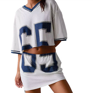 Ensemble deux pièces maillot de football américain en maille pour femme : crop top et mini-jupe, numéro en strass, respirant, polyester, vêtement de sport, t-shirt - Product Image 2