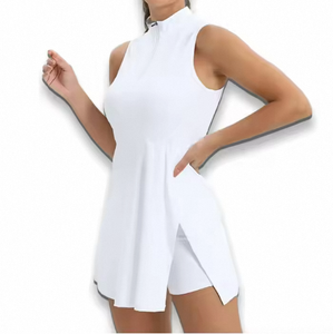 Vestido de Golf Blanco sin Mangas para Mujer, con Cierre de Cremallera de un Cuarto, Color Sólido, Secado Rápido, Estilo Deportivo, Tejido de Poliéster - Product Image 3