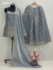 Ensemble élégant de pantalon palazzo, haut et dupatta en organza fantaisie avec broderies et sequins, nouvelle collection, fournisseur d'Inde. - Product Image 6
