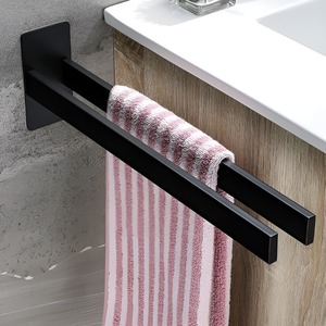 Porte-serviettes mural auto-adhésif en acier inoxydable noir de haute qualité, double barre porte-serviettes, étagère pour salle de bain - Product Image 1