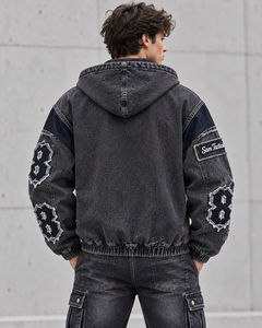 Sam Tactical <b>Men's</b> Hooded Denim Jacket Zipper Streetwear Applique <b>Badge</b> Loose Fit Washed <b>Black</b> Frayed Patch <b>Badge</b> Design - Product Image 5
