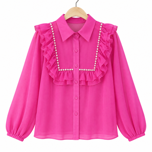 Blusa de Manga Larga para Mujer al por Mayor con Adorno de Perlas, Pliegues, Volantes, Cuello de Solapa y Botones Delanteros, Camisa Elegante para Oficina, Directo de Fábrica - Product Image 1