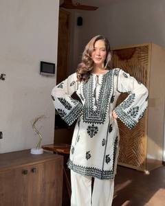 Wholesale Elegant White Black Indian Pakistani Salwar Kameez Heavy Embroidered Cotton <b>Kurti</b> Pant Set Luxury Tunic Dupatta Suit 3 - Product Image 1