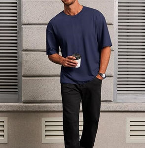 T-shirt respirant pour homme, couleur bleu uni, coupe oversize, manches courtes, haute qualité, été, sport, épaules tombantes, logo personnalisé - Product Image 2