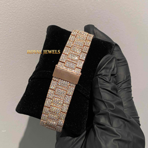 Montre à quartz plaquée or rose, bracelet en acier inoxydable, cadran rond, affichage de la date, montre-bracelet de luxe hip-hop - Product Image 2