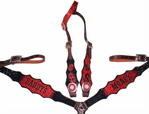Ensemble de têtière et de collier de poitrail en cuir de style western pour chevaux - Couleur rouge, aspect cuir de vachette délavé argenté avec strass - Product Image 5