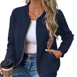 <b>Women's</b> <b>Navy</b> Blue Bomber <b>Jacket</b> Full Sleeve Zipper Closure O-Neck Solid Color Autumn Wear Knitted Polyester Material - Product Image 5