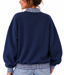 Sweat-shirt personnalisé pour femme à col montant, avec appliqué lettres, patchwork à carreaux, color block, coupe oversize, style vintage, vente en gros - Product Image 2