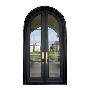 Modern wrought-iron exterior entryway door featuring an arched design with glass panels; rust-resistant and easy to install. - Product Image 1