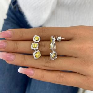 Yellow Cushion Cut <b>Diamond</b> Drop <b>Earrings</b> Halo Cluster <b>Dangle</b> <b>Earrings</b> Three Stone Canary Yellow <b>Diamond</b> Statement <b>Earrings</b> - Product Image 4