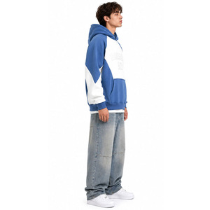 Men's Blue <b>White</b> Color Block Hooded Sweatshirt Raglan Sleeve Oversized Cotton French Terry Casual Autumn Wear Pocket Front Print - Product Image 4