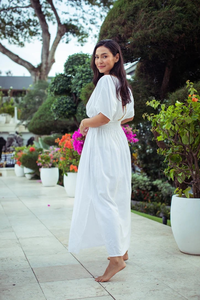 Vestido Maxi Boho Blanco con Cuello en V, Manga Corta, Dobladillo Asimétrico, Ajuste Holgado, Cintura Elástica, Verano, Casual, Transparente, 100% Algodón Tejido, Color Sólido - Product Image 5