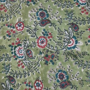 Tela de Algodón Estampada a Mano con Diseño Floral Verde Paisley Mughal, Tela de Algodón Suave Hecha a Mano en India, Estilo Vintage - Product Image 3