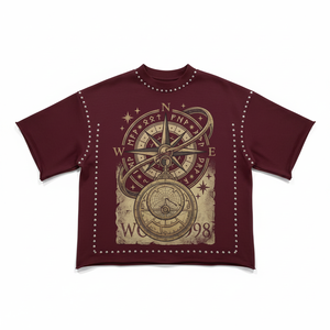 Camiseta Oversize para Hombre Color Borgoña con Detalles de Pedrería y Logotipo de Brújula en la Espalda, Estilo Urbano, Manga Corta, Jersey de Algodón, Cuello Redondo - Product Image 1