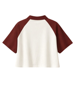 Custom <b>Maroon</b> And White Women Cropped Polo T Shirt Raglan Sleeve Casual Cotton <b>Top</b> Button Placket Summer Fashion Streetwear Tee - Product Image 5