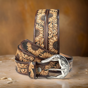Ceinture de Rodeo Western Authentique pour Hommes et Femmes, en Cuir de Vachette Pleine Fleur Perlé et Gravé, Imprimé par Transfert Thermique, Style Vintage, Boucle en Acier - Product Image 3