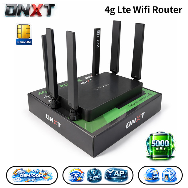 DNXT Router Sim Card WiFi 6 2.4GHz Wifi Hotspot Device AP Mode VPN Sim Card Router 4g 5000mAh Cat4 Wifi Router Oem Work Use