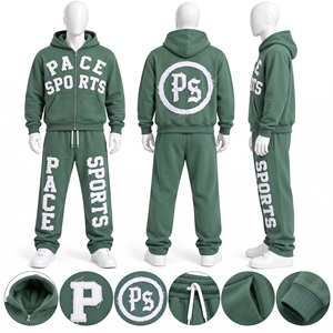 <b>mens</b> retro bright cyan aqua tracksuit towel patch embroidery hooded zip jacket straight leg sweatpants heavy fleece <b>2</b> <b>piece</b> <b>set</b> - Product Image 3