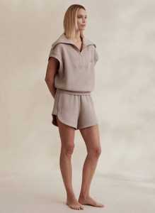Women's Beige <b>2</b> <b>Piece</b> Shorts <b>Set</b> Loose Fit Turn-down Collar Zipper <b>Top</b> - Product Image 3