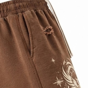 <b>Men's</b> <b>Brown</b> Streetwear Bermuda <b>Shorts</b> Distressed Ripped Drawstring Sweat Jorts 100% Cotton Waterproof & Breathable - Product Image 6