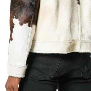 <b>Men</b>’s Cowhide Leather Trucker Jacket Black White Pattern Genuine Leather Casual Denim Style Fashion Streetwear Coat Clothing - Product Image 5