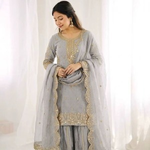 Conjunto de kurta, palazzo y dupatta de seda Fendi bordada de buena calidad para mujer, ideal para bodas, fiestas y ocasiones festivas, disponible para la venta. - Product Image 1