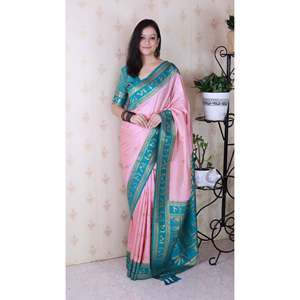 Sari Tradicional de Seda Suave Rosa Bebé con Bordado Zari, Arte Warli, Ropa India y Pakistaní - Product Image 6