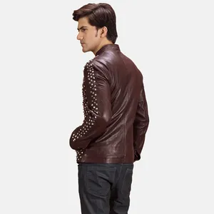Veste de motard en cuir bordeaux cloutée vintage écologique pour homme Blix Bono - Product Image 2