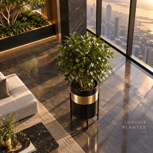 Macetero Moderno de Metal Negro para Interiores con Detalles en Oro Cepillado |   Soporte Alto para Macetas, para Sala de Estar, Hotel, Oficina, Decoración del Hogar - Product Image 3