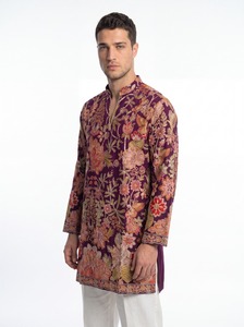 Luxury Purple Men’s Silk Kurta Tunic Hand Embroidered Floral Wedding Groom Wear Designer Short Ethnic Shirt Partywear Indian <b>Pak</b> - Product Image 2