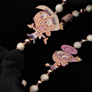 Collier en argent 925 personnalisé, bijoux hip-hop, pendentif personnage de dessin animé Cosmo Wanda, chaîne à billes en or rose pour hommes - Product Image 5